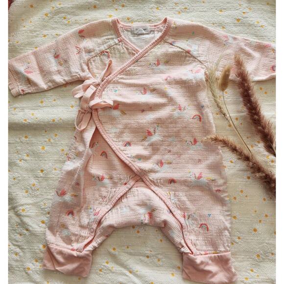ANGEL DEAR UNICORN PINK‎ OVERALLS MUSLIN KIMONO STYLE romper 0-3months - Picture 1 of 3